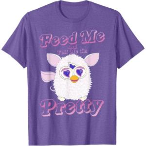 imageFurby Feed Me And Tell Me Im Pretty Cute Logo Portrait TShirtPurple Heather