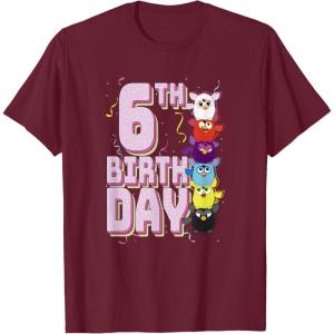 imageFurby 6th Birthday Stacked Furbies Funny Portrait TShirtBurgundy