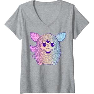 imageFurby Retro Neon Gradient Big Cute Portrait VNeck TShirtHeather Grey