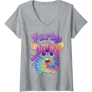 imageWomens Furby Tie Dyed Cute Portrait Logo VNeck TShirtHeather Grey