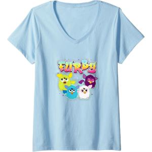 imageWomens Furby Vintage Neon Rainbow Graffiti Style Group Poster VNeck TShirtBaby Blue