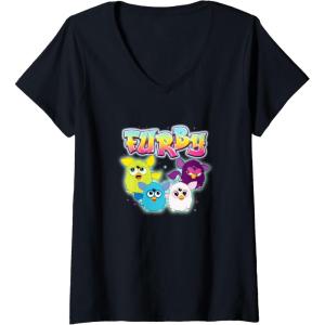 imageWomens Furby Vintage Neon Rainbow Graffiti Style Group Poster VNeck TShirtBlack