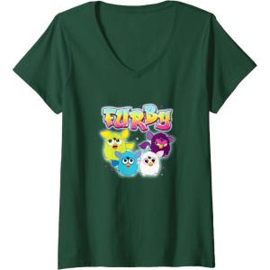 imageWomens Furby Vintage Neon Rainbow Graffiti Style Group Poster VNeck TShirtDark Green
