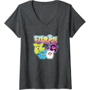 imageWomens Furby Vintage Neon Rainbow Graffiti Style Group Poster VNeck TShirtDark Heather Grey