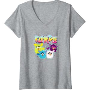imageWomens Furby Vintage Neon Rainbow Graffiti Style Group Poster VNeck TShirtHeather Grey