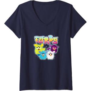 imageWomens Furby Vintage Neon Rainbow Graffiti Style Group Poster VNeck TShirtNavy Blue