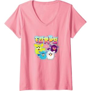 imageWomens Furby Vintage Neon Rainbow Graffiti Style Group Poster VNeck TShirtPink