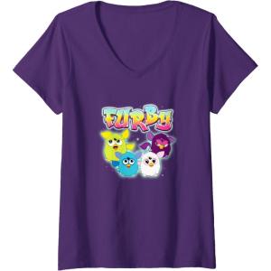 imageWomens Furby Vintage Neon Rainbow Graffiti Style Group Poster VNeck TShirtPurple