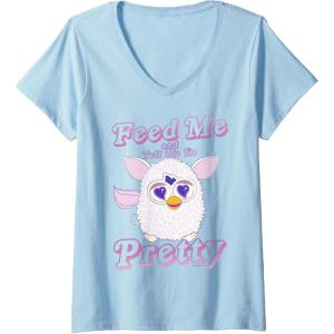 imageWomens Furby Feed Me and Tell Me Im Pretty Cute Logo Portrait VNeck TShirtBaby Blue