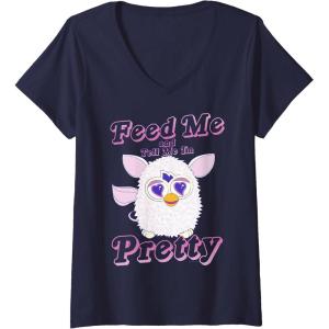 imageWomens Furby Feed Me and Tell Me Im Pretty Cute Logo Portrait VNeck TShirtNavy Blue
