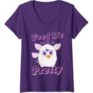 imageWomens Furby Feed Me and Tell Me Im Pretty Cute Logo Portrait VNeck TShirtPurple